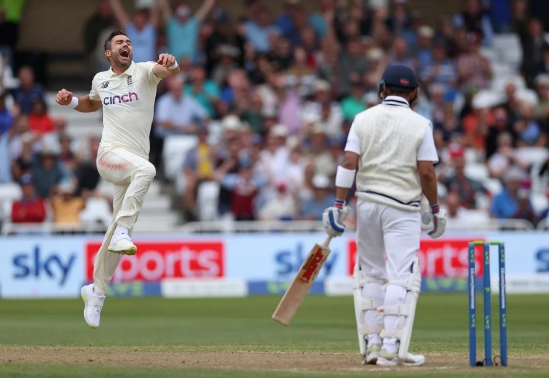James Anderson celebrates after dismissing Virat Kohli for a golden duck. © Getty Images
